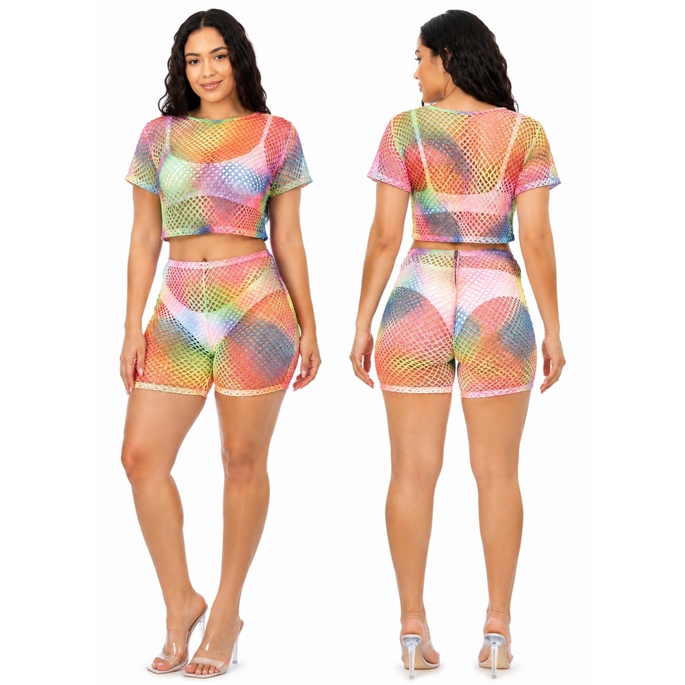 American Leisure Rainbow Tie Dye Fishnet Crop Top and Shorts Set XXL New
